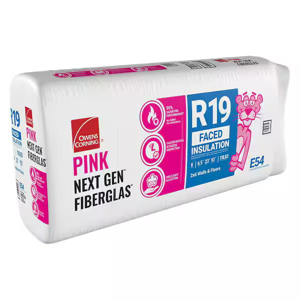 A package of Owens Corning R19 23 in. x 93 in. Faced Fiberglass Insulation Batt (119 SQ FT) features the pink panther mascot and icons highlighting fire resistance, sound absorption, and energy savings.